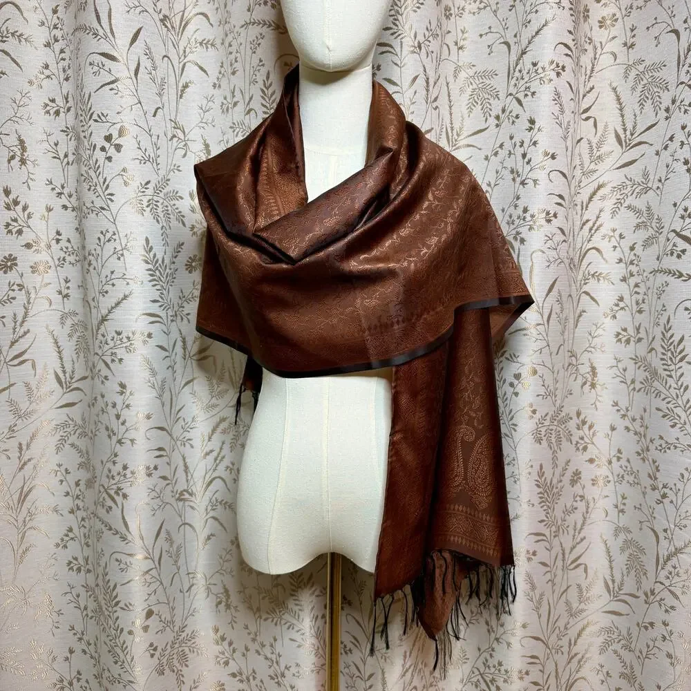 Silk Paisley Pashmina Shawl Wrap OS Brown Fringe Vintage Fall Boho Cottagecore
